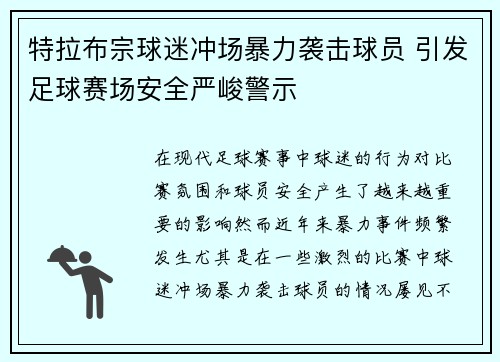 特拉布宗球迷冲场暴力袭击球员 引发足球赛场安全严峻警示 特拉布宗球迷冲场暴力袭击球员 引发足球赛场安全严峻警示